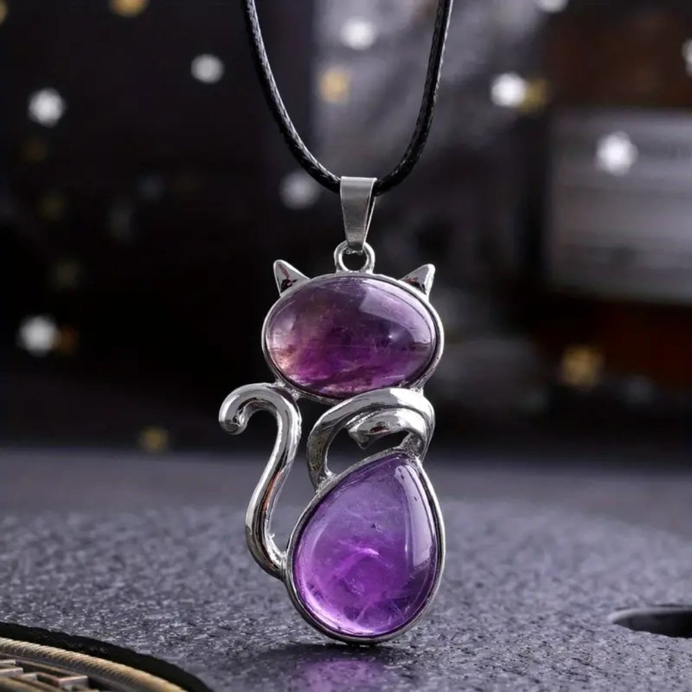 Amethyst Natural Stone Cute Cat Pendant Necklace - Picture 3 of 4